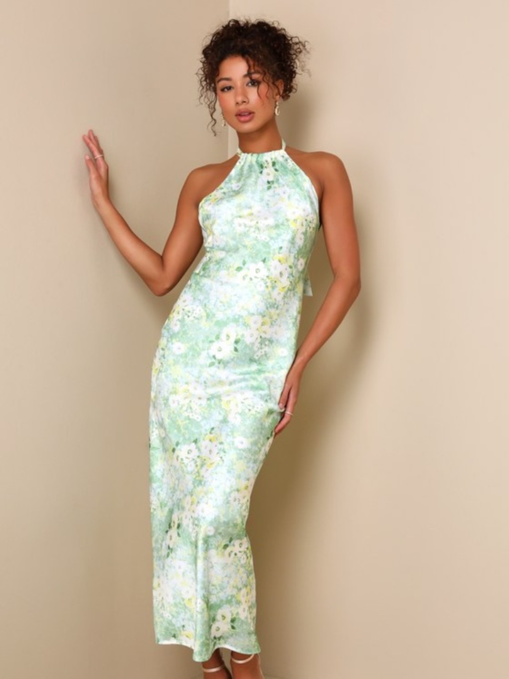 Lulus Glowing Presence Light Green Floral Satin Halter Maxi Dress - Size M